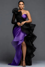 Xpluswear Design Plus Size Formal Purple Oblique Collar One Shoulder Long Sleeve Ruffle Elegant Asymmetric Hem Irregular Hem Maxi Dresses