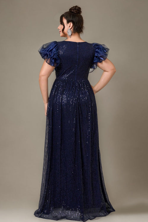 Curveins Plus Size Designer Lace Detail Sequin Short Sleeve Long Dress