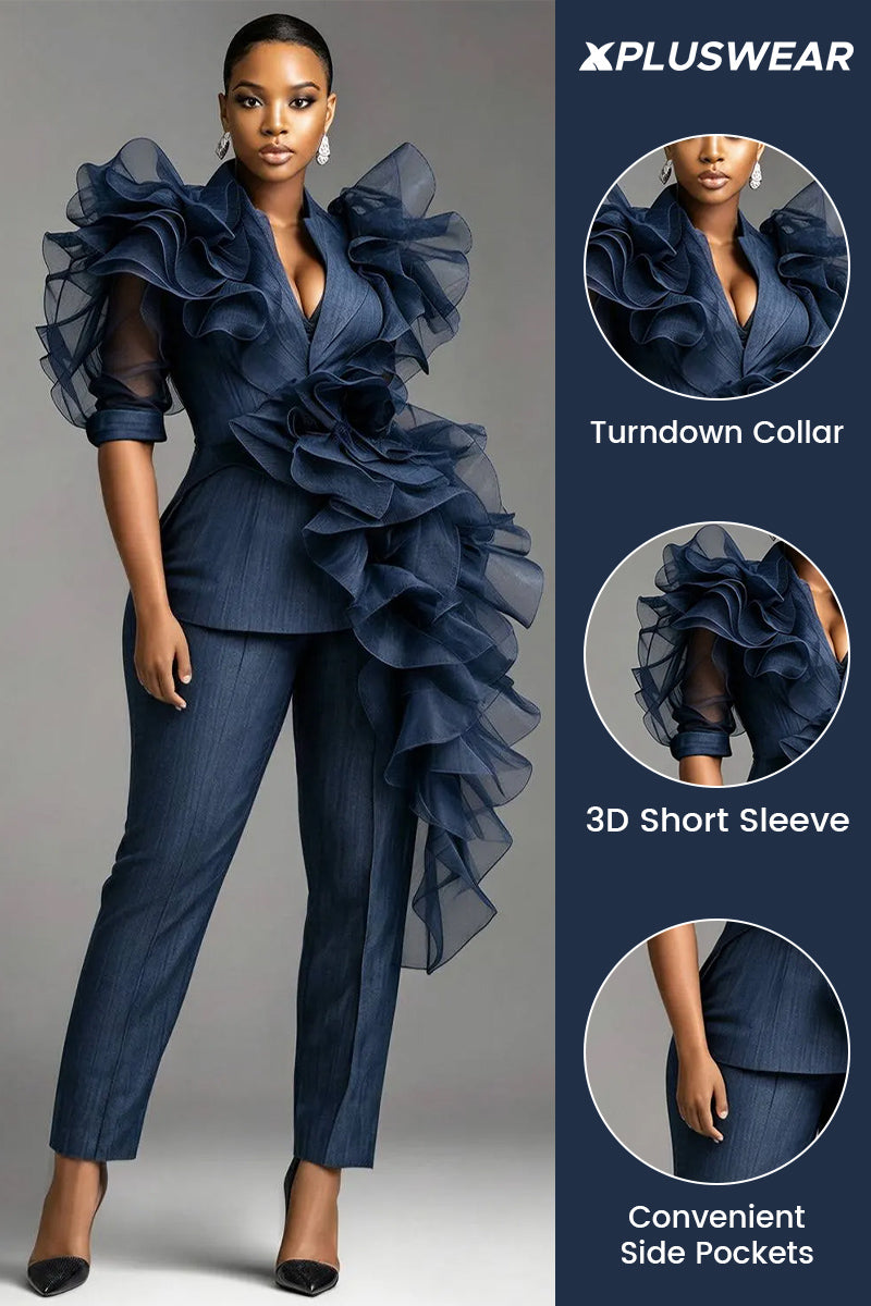 Xpluswear Design Plus Size Cocktail Party Elegant Blue Turndown Collar Short Sleeve 3D Pocket Two Piece Pant Suits