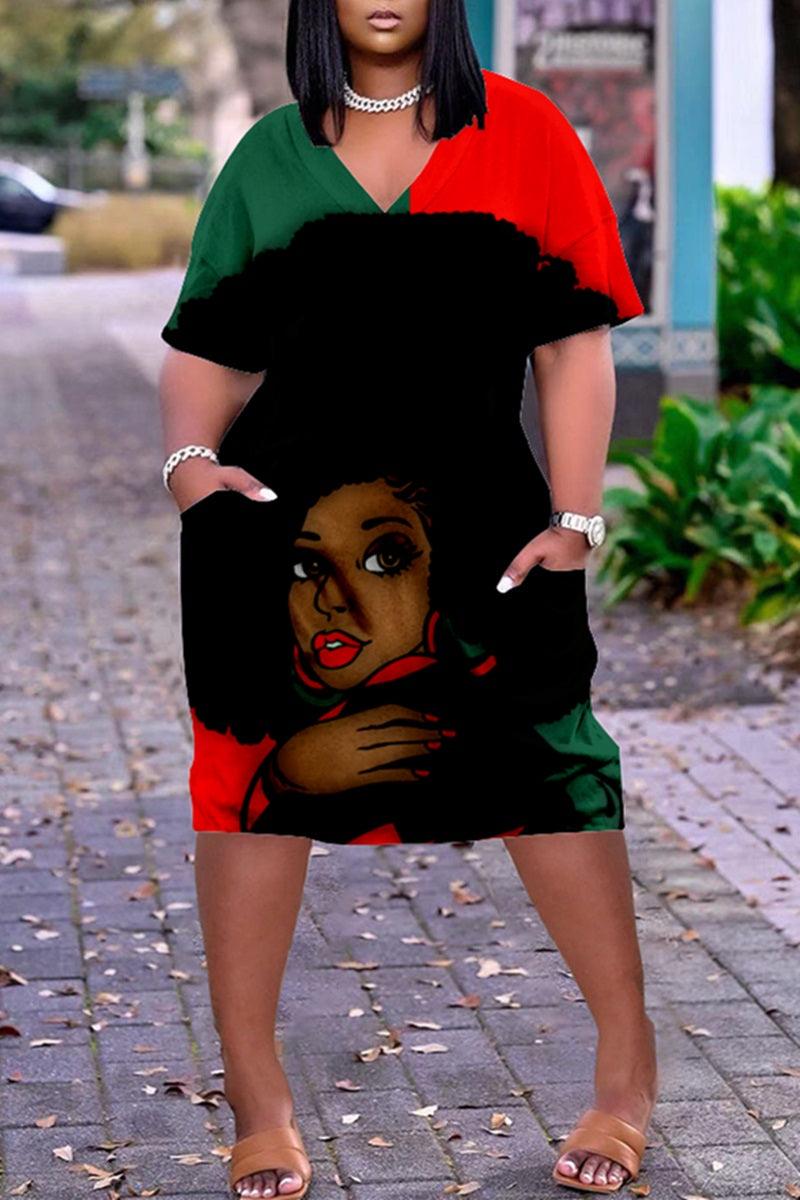 Xpluswear Plus Size V Neck African Short Sleeve Cute Black Girl Print With Pockets Midi Dress-Red