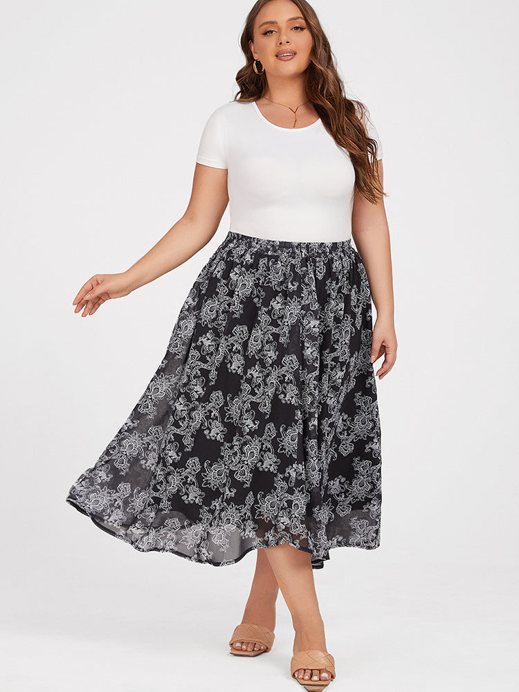 VIP Plus Black Floral Elastic Waist Skirt