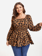Leopard Print Lantern Sleeve Elastic Waist Blouse