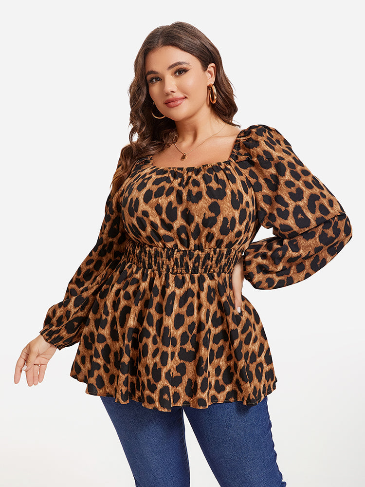 Leopard Print Lantern Sleeve Elastic Waist Blouse