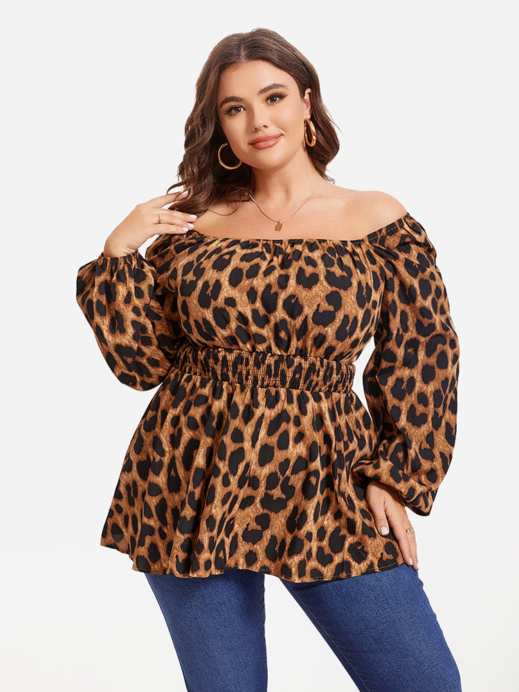 Leopard Print Lantern Sleeve Elastic Waist Blouse