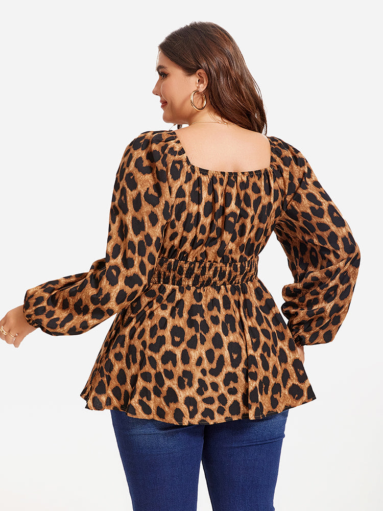 Leopard Print Lantern Sleeve Elastic Waist Blouse