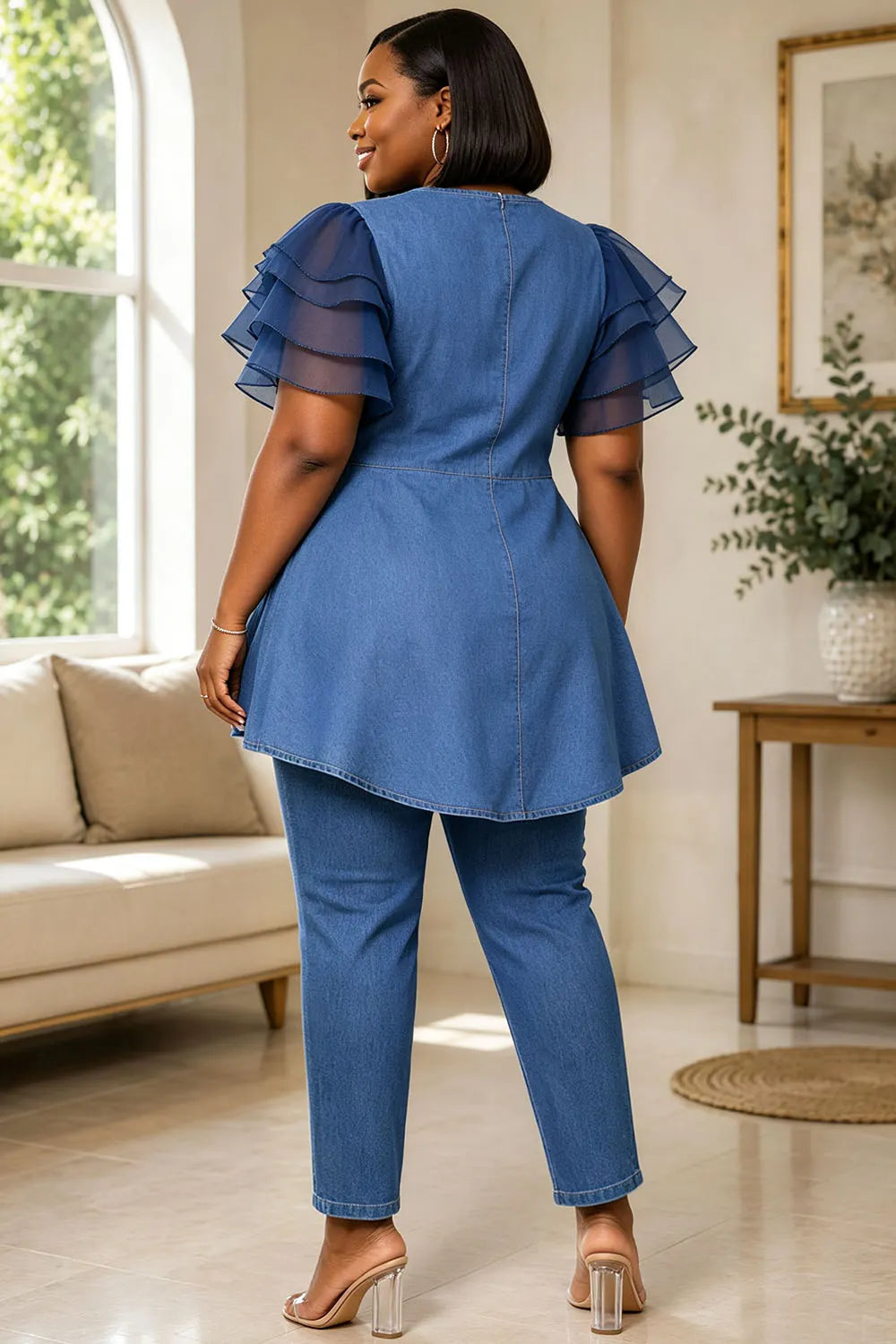 Xpluswear Design Plus Size Business Casual Tulle Blue Round Neck Short Sleeve Ruffle Asymmetric Hem Irregular Hem Tencel Denim Blouses [Pre-Order]
