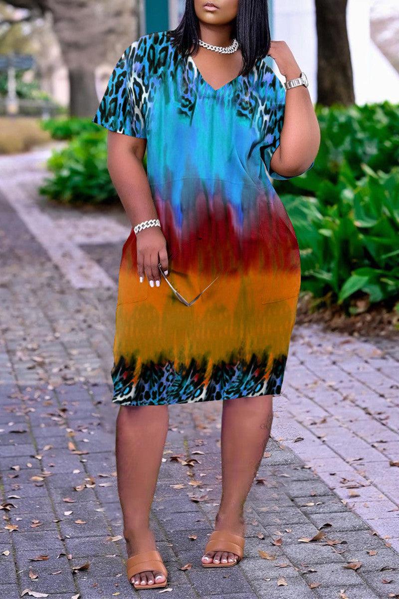 Plus Size African Casual All Over Print Basic V Neck Short Sleeve Midi Dress