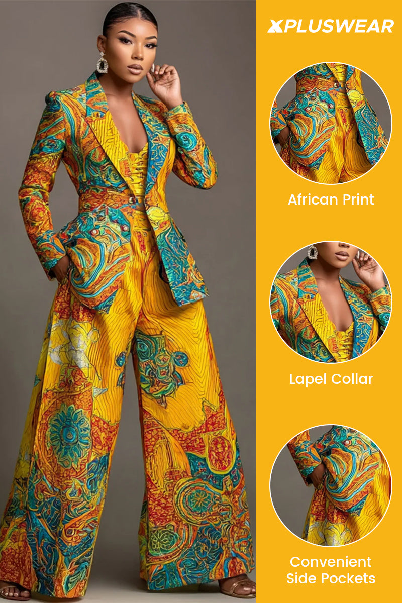 Xpluswear Design Plus Size Formal Yellow African Print Lapel Collar Long Sleeve Pocket Wide Leg Two Piece Pant Suits