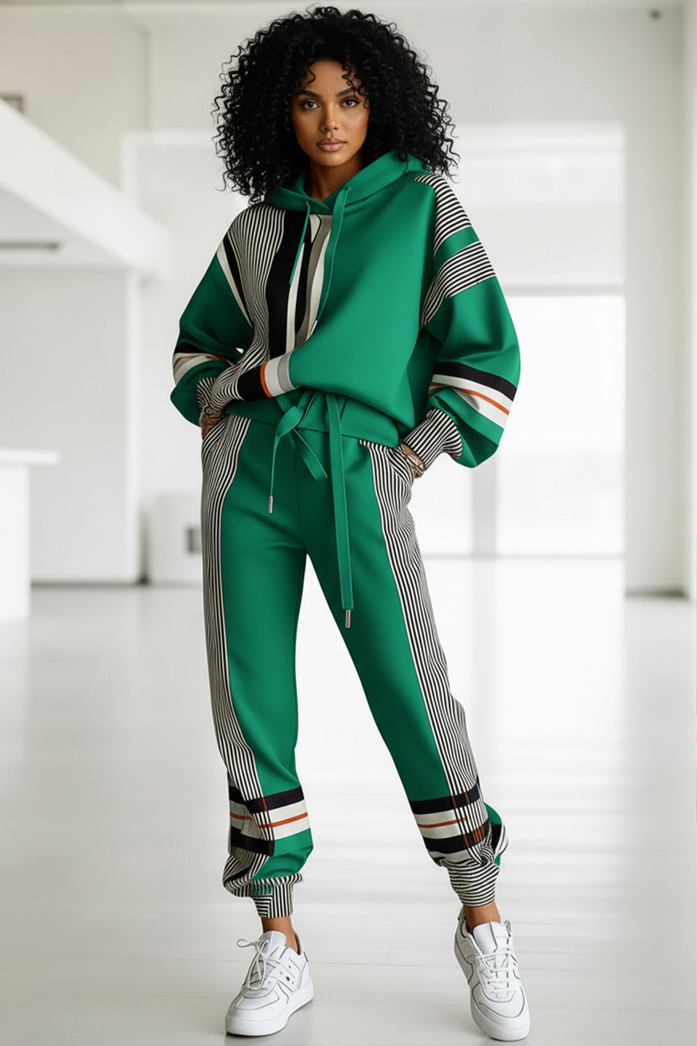 Plus Size Daily Red Striped Hooded Long Sleeve Ruched Casual Sweatshirts
