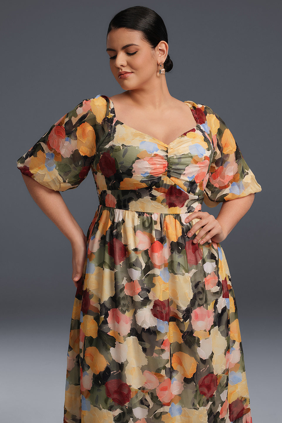 Curveins  Plus Size Draped Collar Foral Maxi Dress