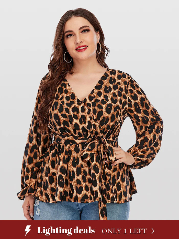 Plus Brown Leopard Print Puff Sleeve Crisscross Wrap Blouse
