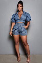 Xpluswear Design Plus Size Party Light Blue Shirt Collar Short Sleeve Pocket Crop Denim Two Piece Short Sets