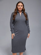 Plus Grey Band Collar Zipper Split Midi Knit Dress