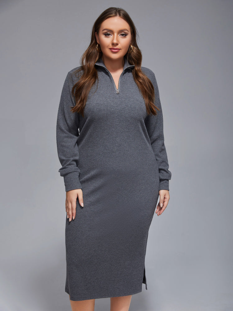 Plus Grey Band Collar Zipper Split Midi Knit Dress