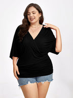 VIP Plus Plain Crisscross V Neck Ruched Hem Tee