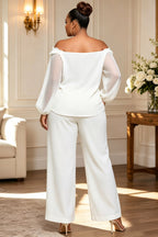 Xpluswear Design Plus Size Business Casual White Off The Shoulder Lantern Sleeve Long Sleeve 3D See Through Chiffon Blouses