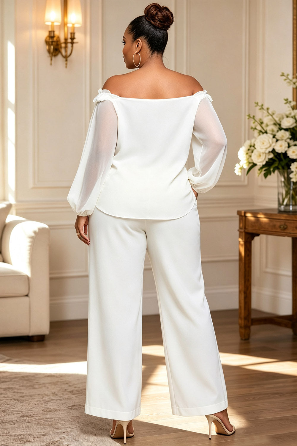 Xpluswear Design Plus Size Business Casual White Off The Shoulder Lantern Sleeve Long Sleeve 3D See Through Chiffon Blouses