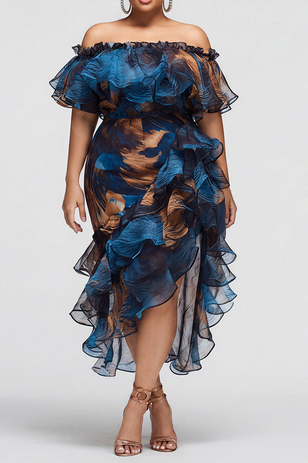 Xpluswear Design Plus Size Cocktail Party Blue Graphic Off The Shoulder Ruffle Tiered Chiffon Midi Dresses