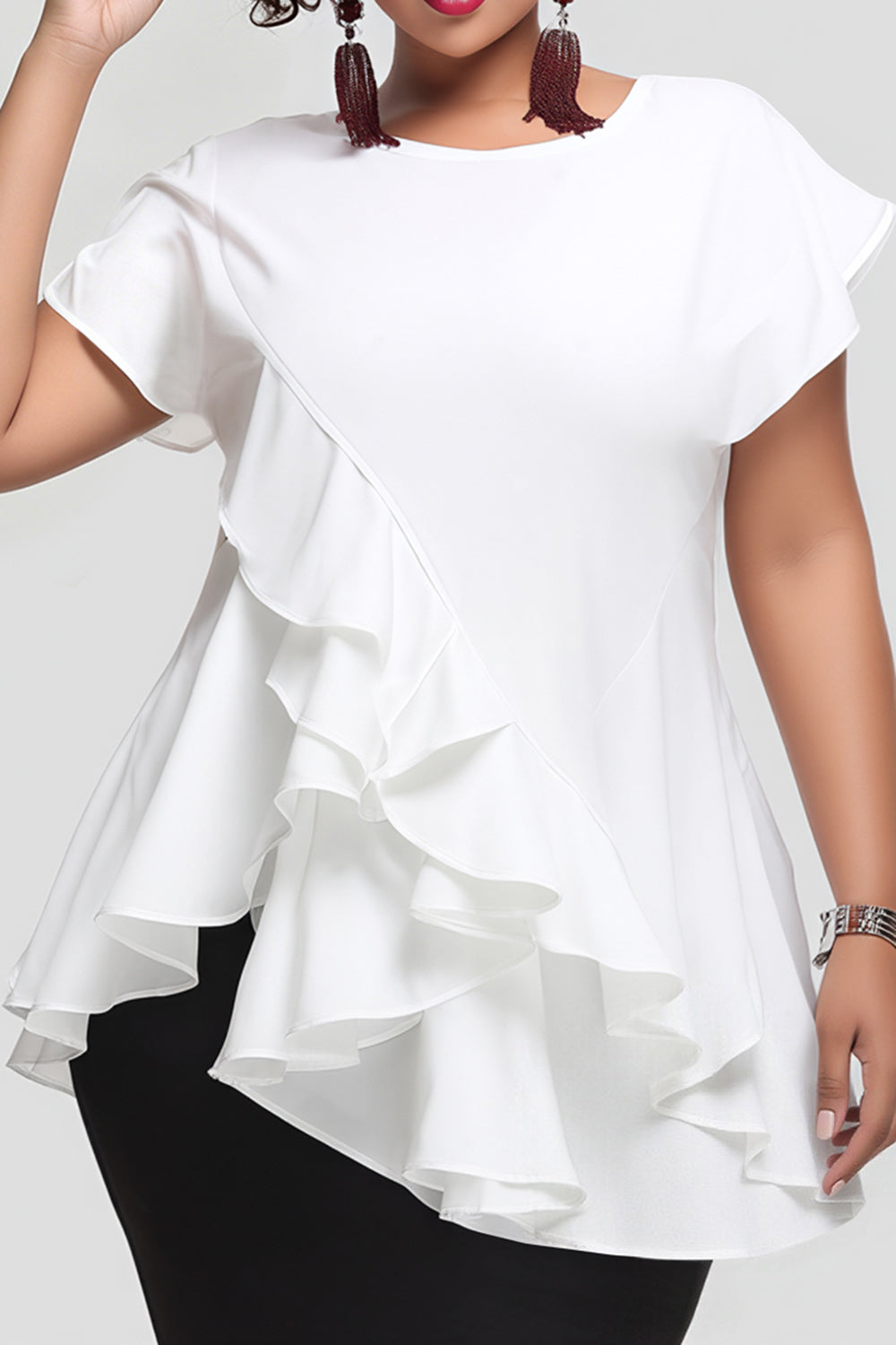Xpluswear Design Plus Size Daily White Round Neck Short Sleeve Ruffle Tops