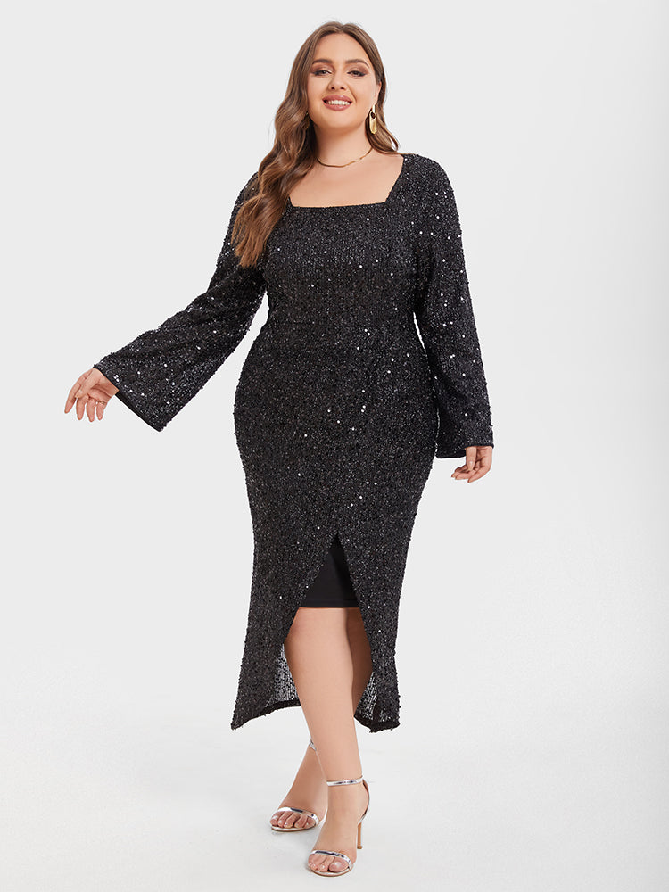 Square Neck Split Thigh Glitter Maxi Dress
