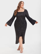 Square Neck Split Thigh Glitter Maxi Dress