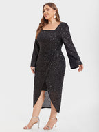 Square Neck Split Thigh Glitter Maxi Dress