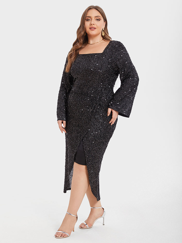 Square Neck Split Thigh Glitter Maxi Dress