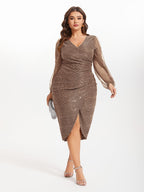 VIP Contrast Mesh Lantern Sleeve Wrap Sequin Midi Dress