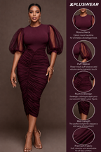 Xpluswear Design Plus Size Cocktail Party Burgundy Round Neck Puff Sleeve Short Sleeve Fold Bodycon Tulle Midi Dresses