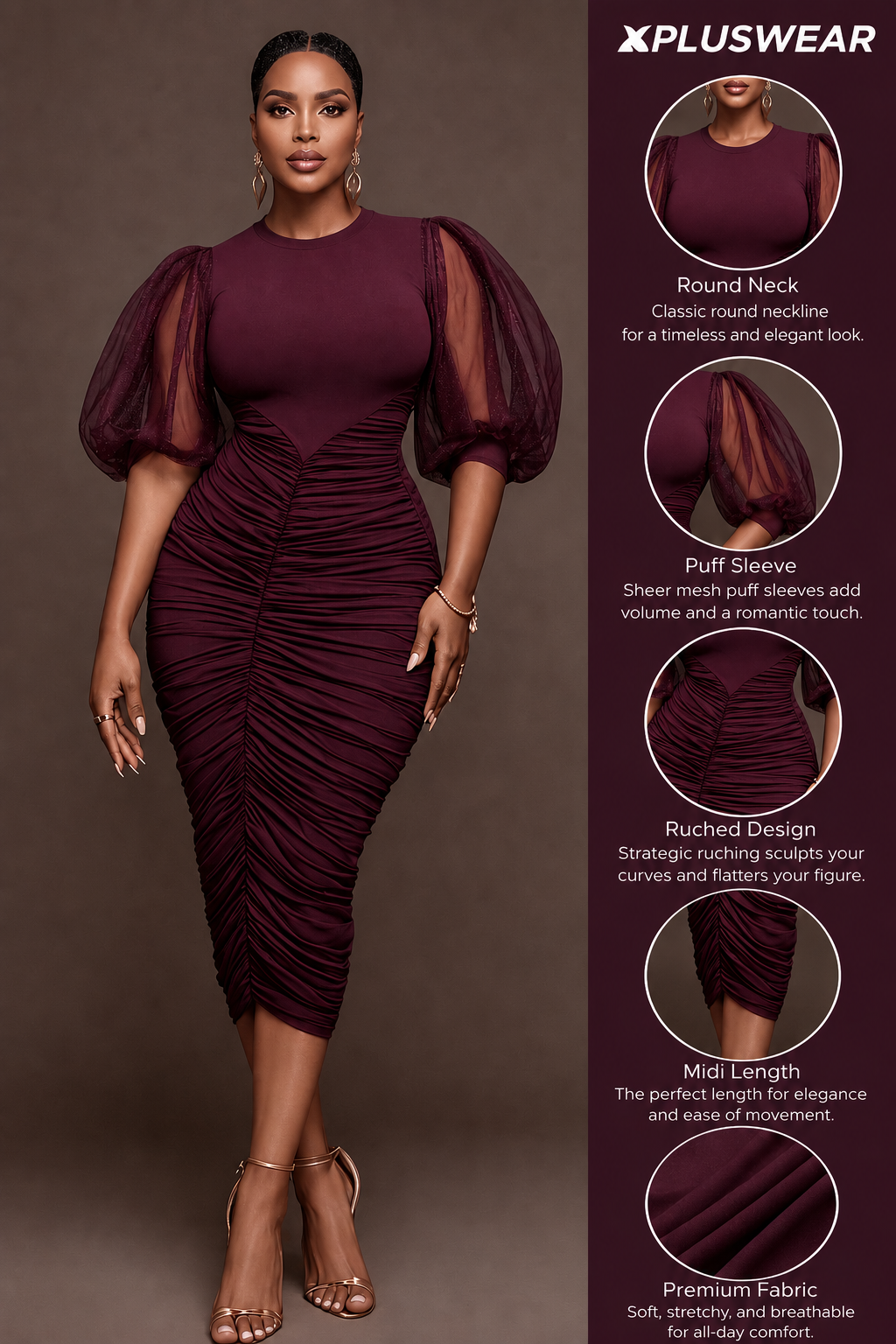 Xpluswear Design Plus Size Cocktail Party Burgundy Round Neck Puff Sleeve Short Sleeve Fold Bodycon Tulle Midi Dresses