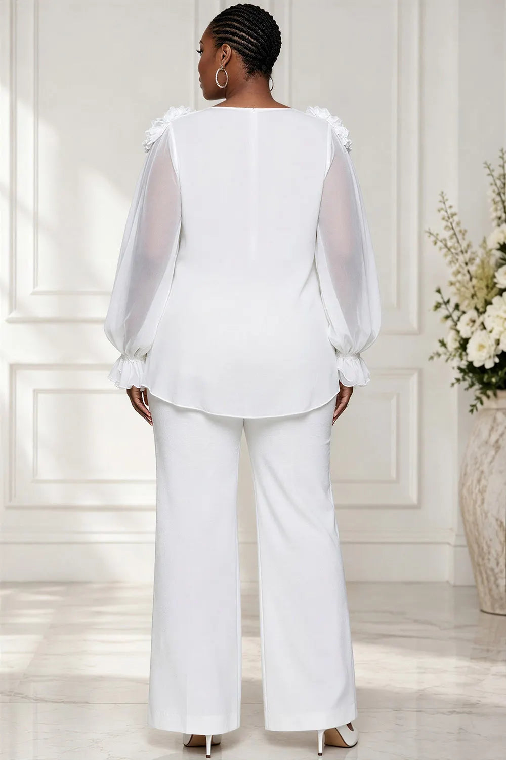 Xpluswear Design Plus Size Daily White Round Neck Lantern Sleeve Long Sleeve 3D See Through Chiffon Blouses [Pre-Order]