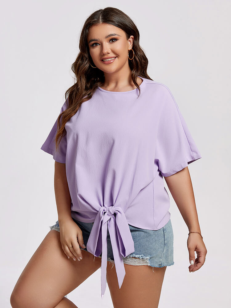 Plus Purple Round Neck Batwing Sleeve Knot Hem Blouse