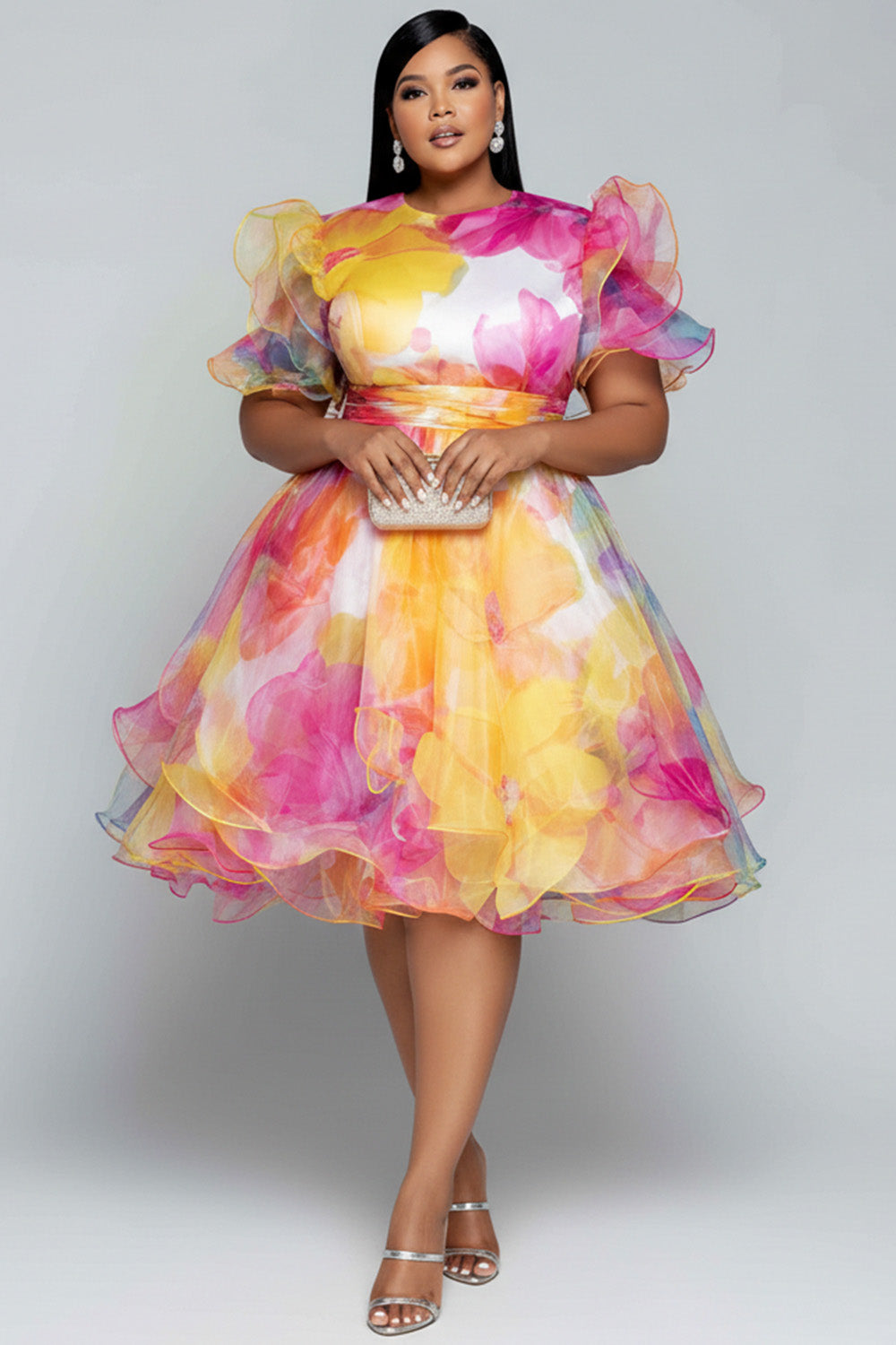 Xpluswear Design Plus Size Party Multicolor Floral Round Neck Short Sleeve Ruffle See Through Chiffon Mini Dresses