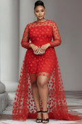 Xpluswear Design Plus Size Party Red Round Neck Long Sleeve High Low Hem Elegant See Through Tulle Mini Dresses