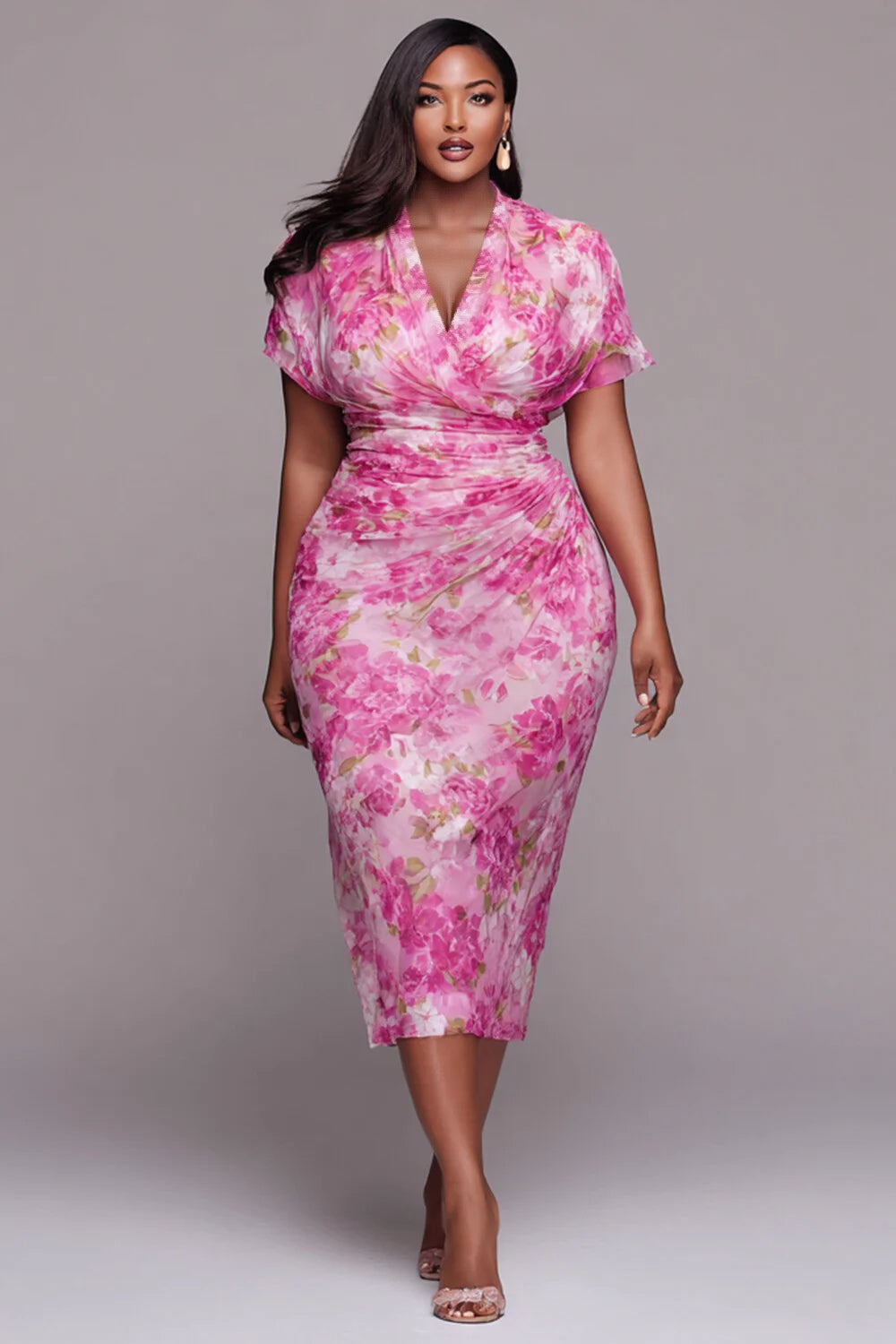 Xpluswear Design Plus Size Cocktail Party Pink Floral Cowl Neck Short Sleeve Fold Bodycon Tulle Midi Dresses