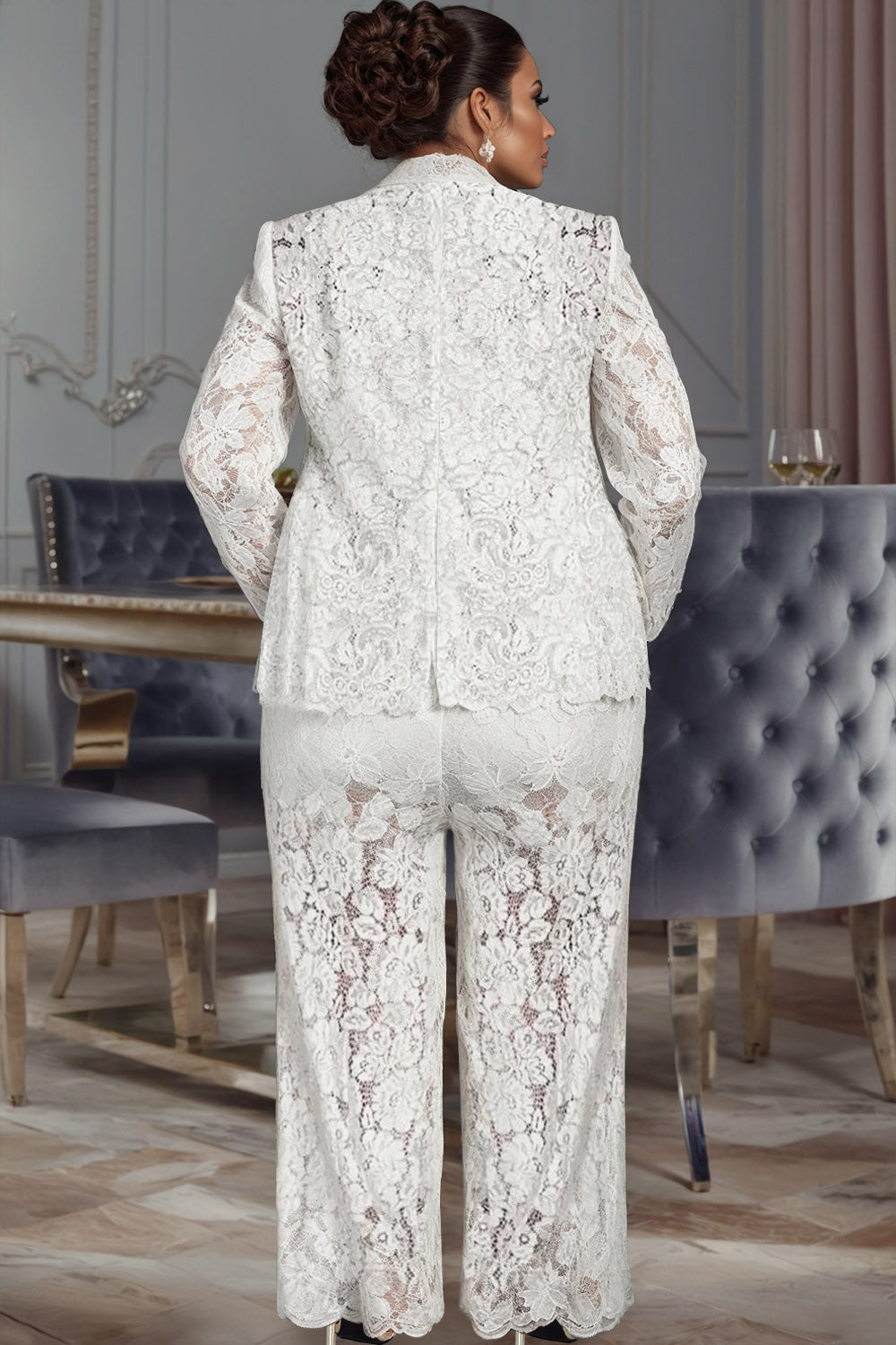 Plus Size Formal White Lapel Collar Long Sleeve See Through Lace Two Piece Pant Suits