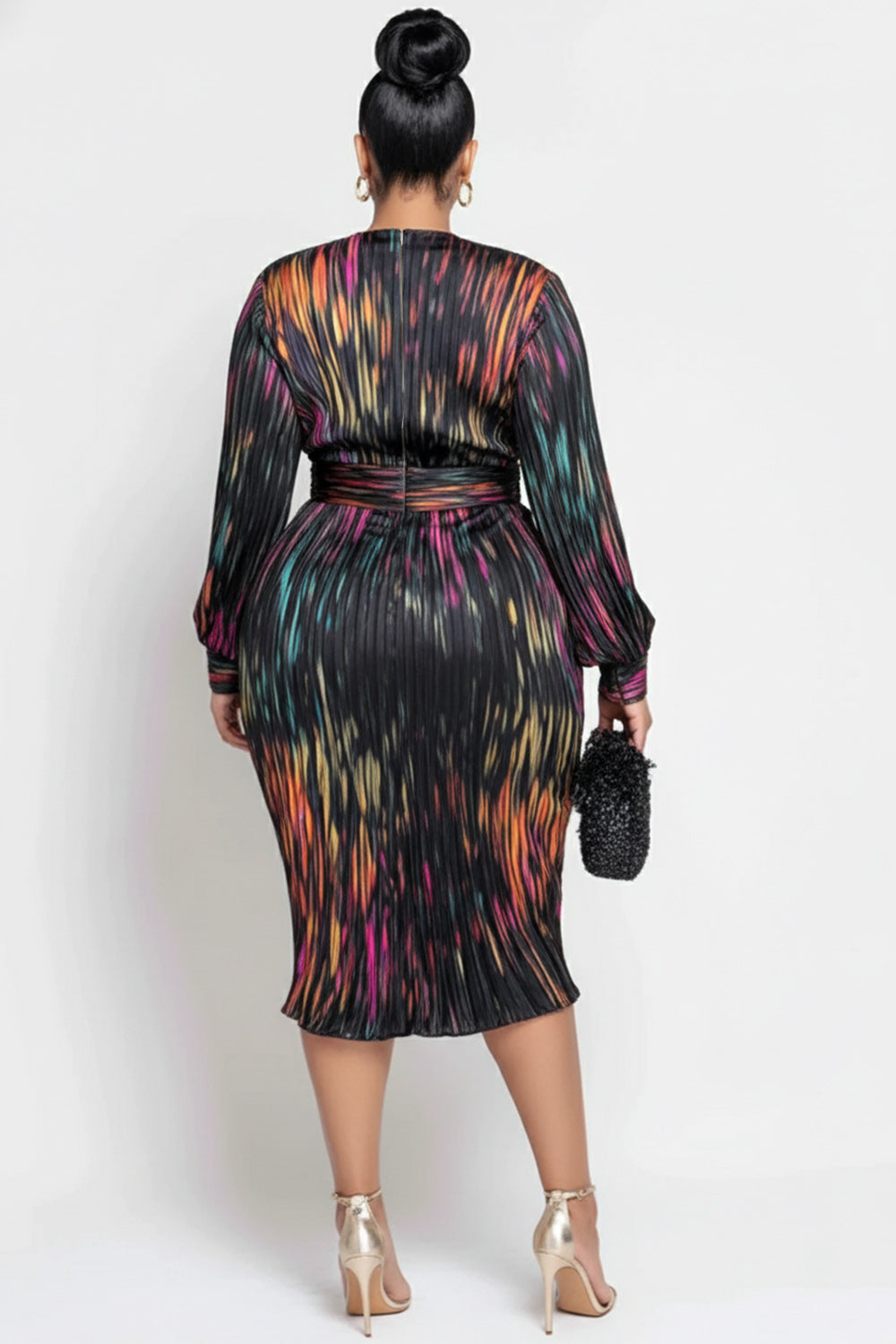 Xpluswear Design Plus Size Business Casual Multicolor All Over Print V Neck Long Sleeve Bodycon Elegant Satin Midi Dresses