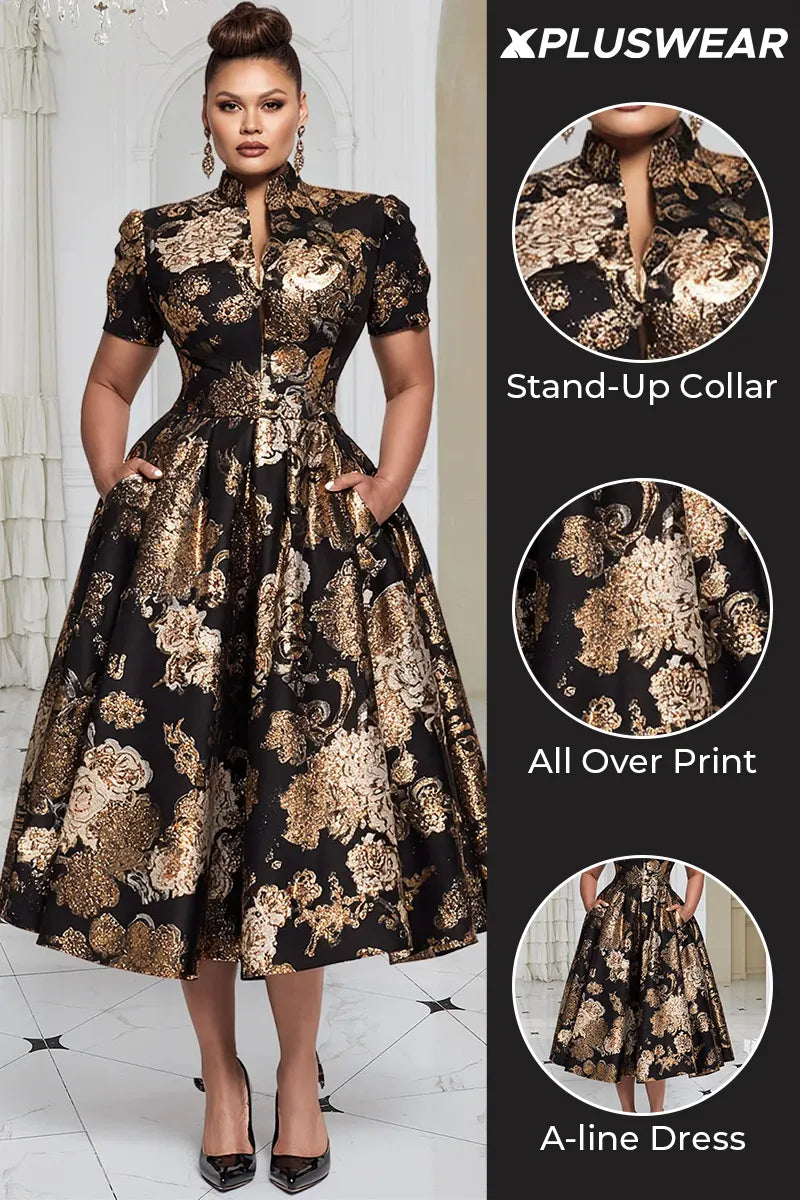 Xpluswear Design Plus Size Formal Black All Over Print Stand-Up Collar Short Sleeve Pocket Elegant Satin Midi Dresses