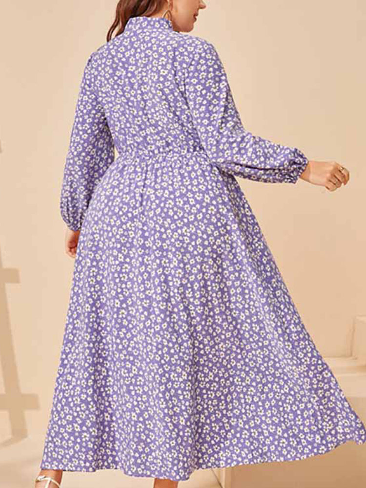 Plus Purple Floral Tie Neck Elastic Waist Maxi Dress