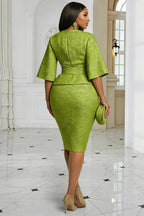 Xpluswear Design Plus Size Business Casual Green Round Neck Flare 3/4 Sleeve Bodycon Two Piece Skirt Sets