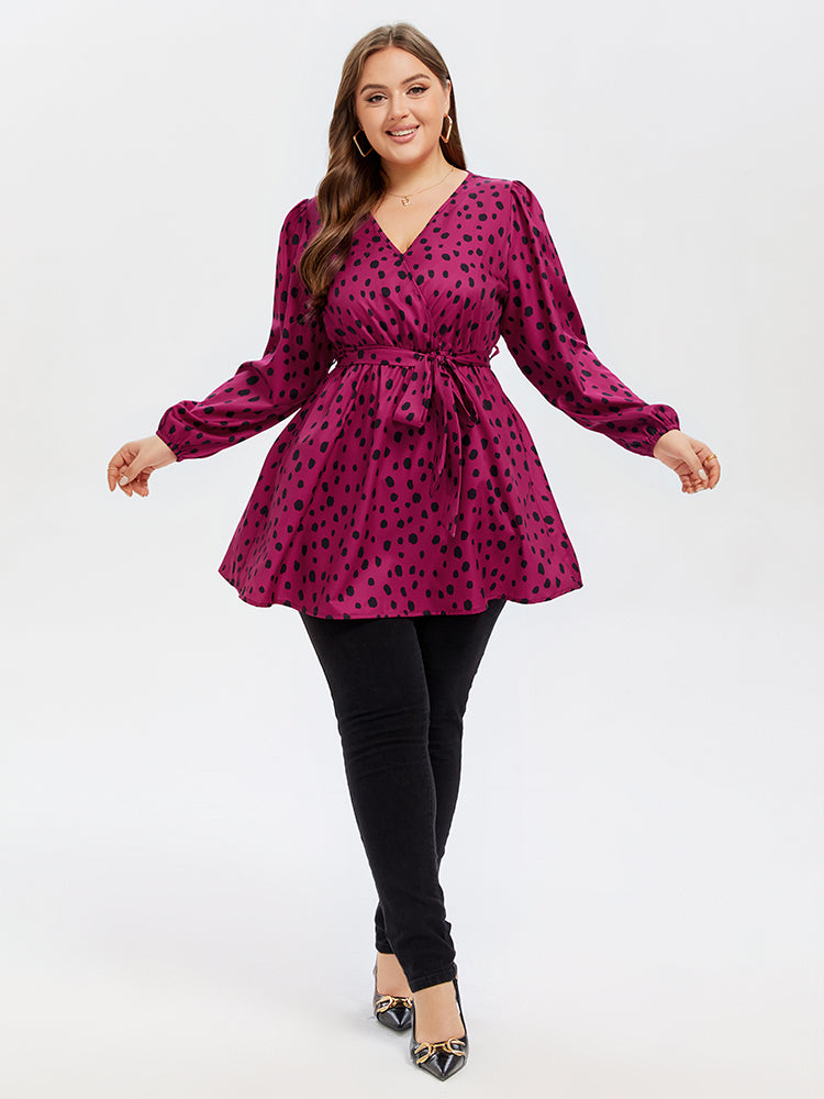 VIP Polka Dot Lantern Sleeve Belted Blouse
