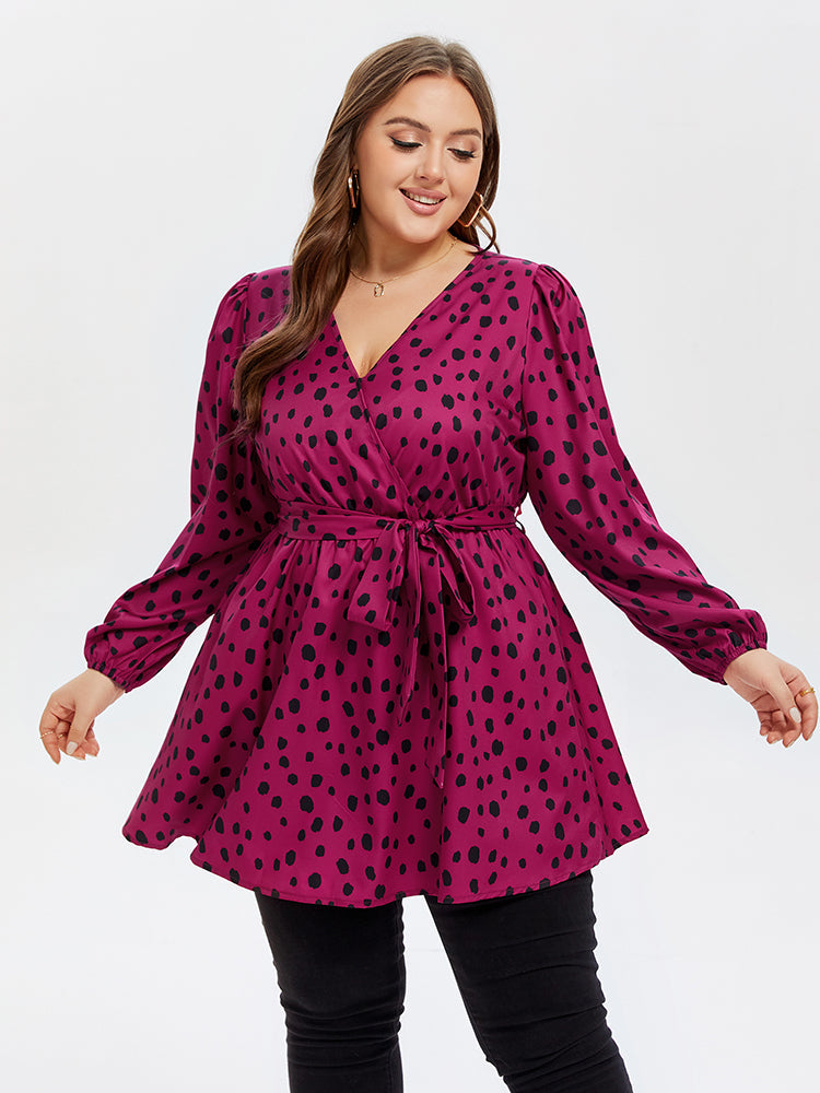 VIP Polka Dot Lantern Sleeve Belted Blouse