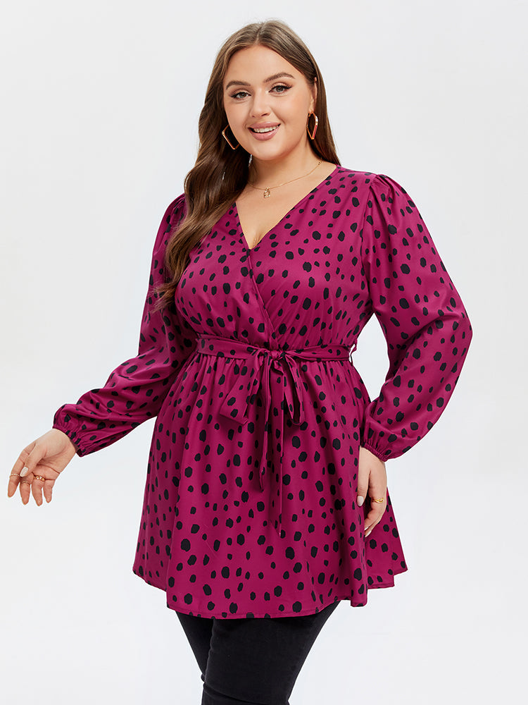 VIP Polka Dot Lantern Sleeve Belted Blouse