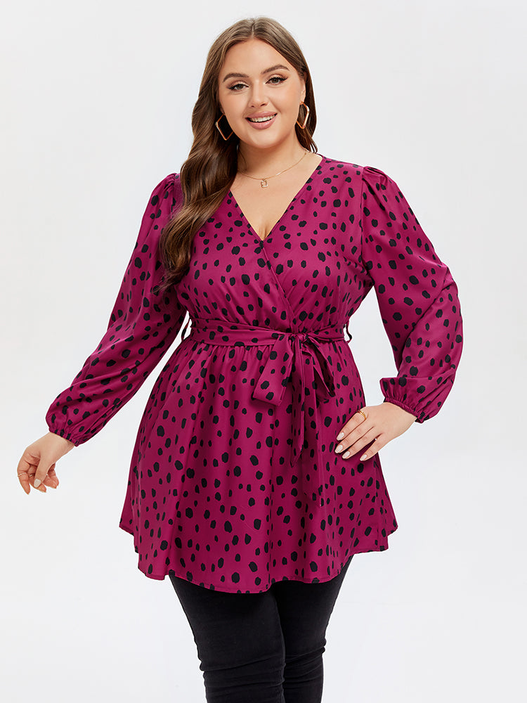 VIP Polka Dot Lantern Sleeve Belted Blouse