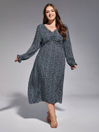 VIP Plus Blue Ruched Elastic Waist Split Midi Dress
