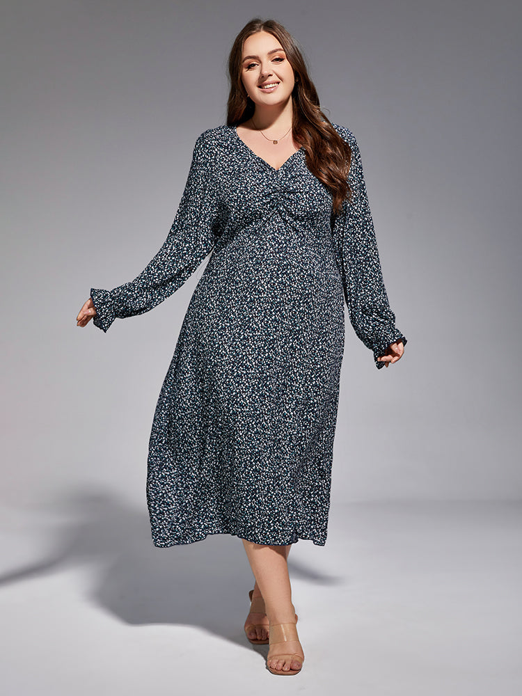 VIP Plus Blue Ruched Elastic Waist Split Midi Dress