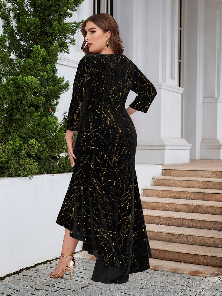 Round Neck Ruffled Hem Velvet Dress