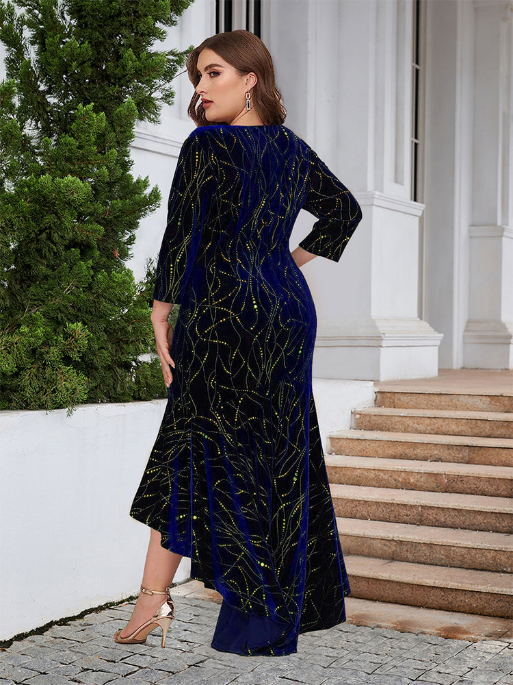 Round Neck Ruffled Hem Velvet Dress