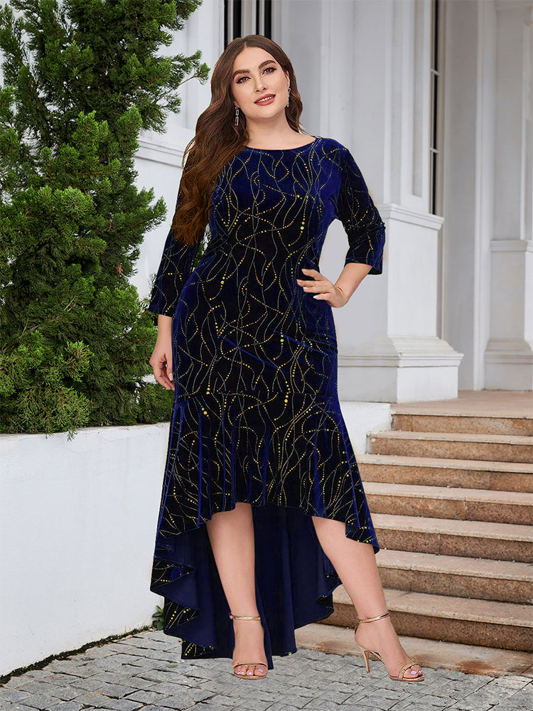Round Neck Ruffled Hem Velvet Dress