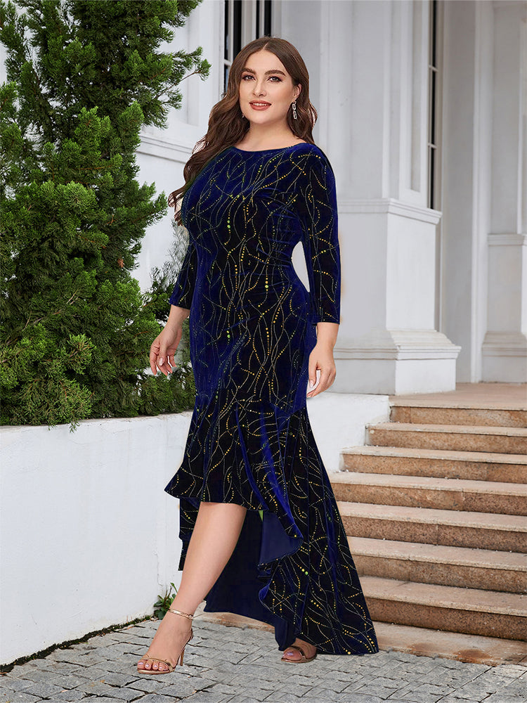 Round Neck Ruffled Hem Velvet Dress